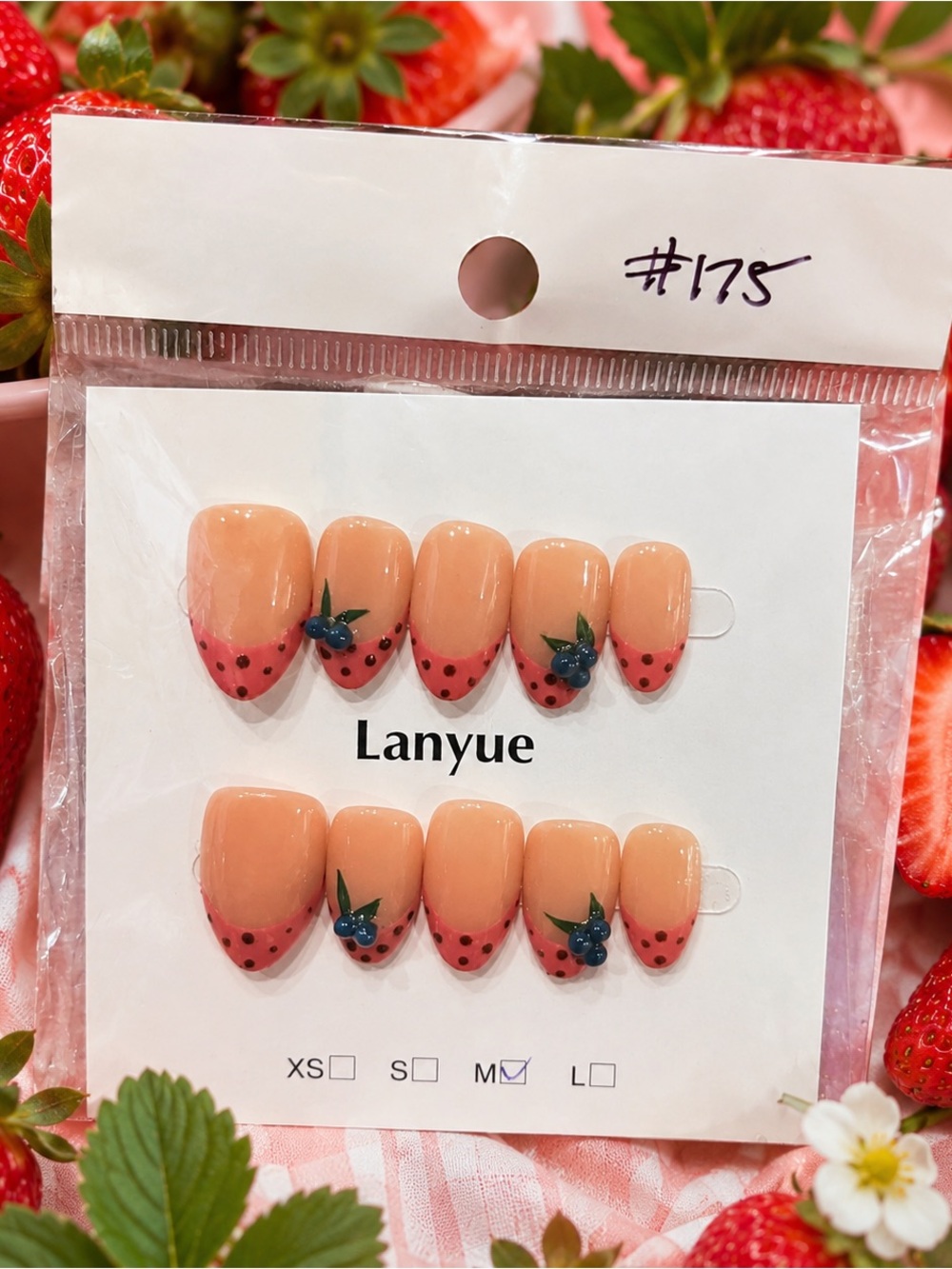 Handmade Strawberry French Press On Nails Medium Almond 3D Fruit Nail Art